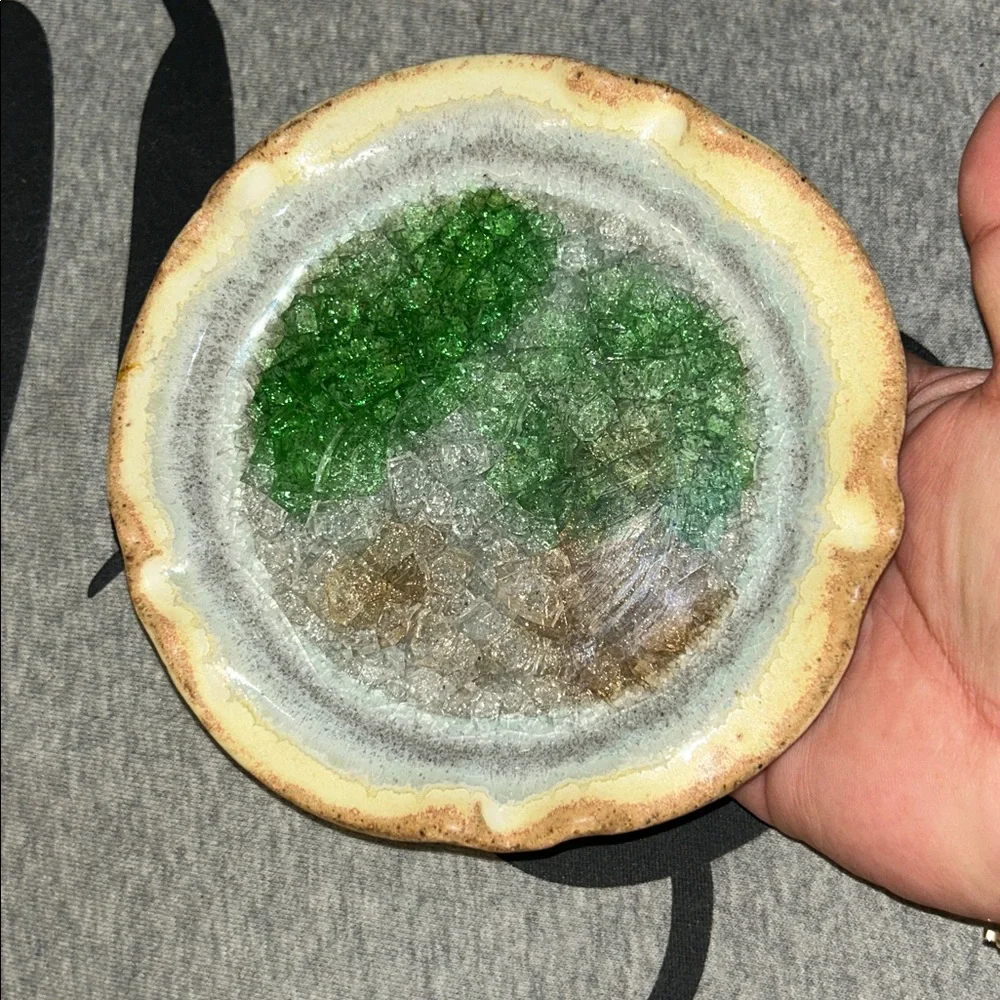 Vintage USA Made Pottery Crackled Glass Center Round Ashtray Dish